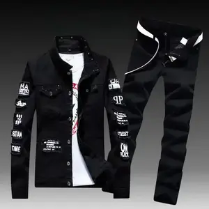 sets for men clothing Spring Autumn Mens Denim Jacket + Jeans Pants Set Fashion Single Breasted Coat Trousers Two Piece Denim suit Clothes Sleeve Sleeved Basic Formal Menswear (Belt not included) Slim Fit Pocket Long Hem