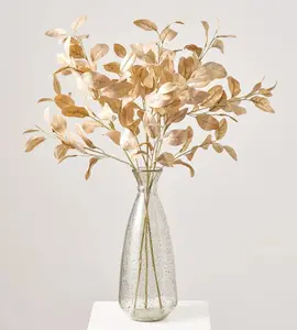 Gold Champagne Glittered Faux Lemon Leaf Branch Spray Bundle of 3 Stems - 36"