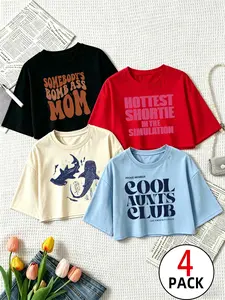 4 Pack Women’s Cropped Graphic T-Shirts, Funny Slogan "Cool Aunts Club" "Somebody's Bomb Ass Mom" & Shark Print Loose Short Sleeve Tees, Casual Drop Shoulder Crop Tops, Y2K Streetwear Blouses for Daily, Going Out, Party, Summer