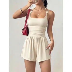 Women Halter Neck Romper Ruched Waist Summer Jumpsuit Sleeveless Backless Bodysuit Shorts Sporty Casual One Piece Outfits