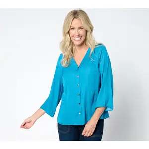 Isaac Mizrahi Live! Flowy Crinkle Satin Button Front Blouse
