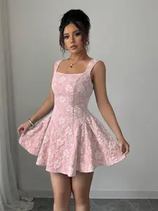 ARTYOTI Elegant Baby Pink Floral Pattern Mini Dress For Women Sleeveless Square Neck A-Line Silhouette With Flared Hem Pink Dresse Summer Holiday Outfits Elegant Dress Women