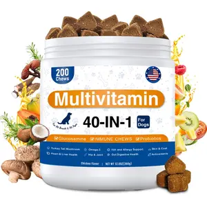 40-in-1 Dog Vitamins and Supplements Chewable Contain Probiotics Omega-3 Glucosamine, Multivitamin for Dogs Skin Coat Heart Joint Liver Brain Eyes Immune Support, Chicken Flavor, 200 count