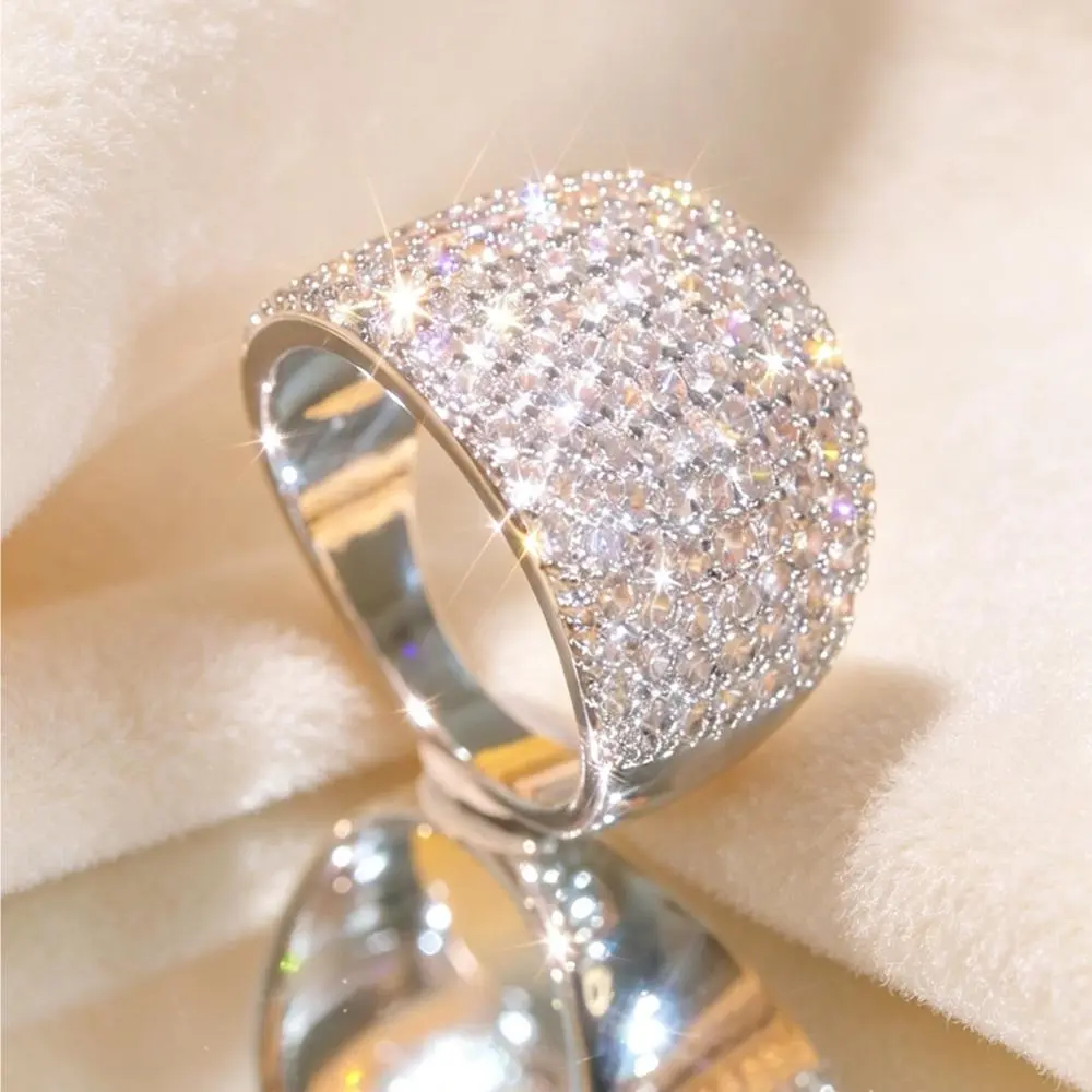 Pave Cubic Zirconia Rings for Women, 10mm Wide Statement Band, Glamorous April Birthstone Cocktail Jewelry for Wedding & Party, Artificial Gemstone Ring, Bridal Ring
