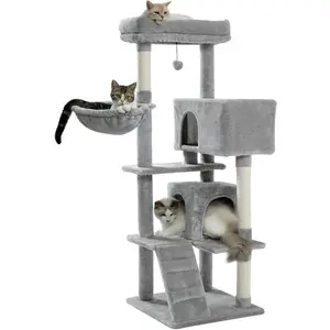Tall Cat Tree with 2 Cat Condos, Hammock and Perch, Multi-Level Cat Tower with Scratching Post, Ladder and Bed, Cat Climbing Furniture Activity Center Play House for Indoor,Grey