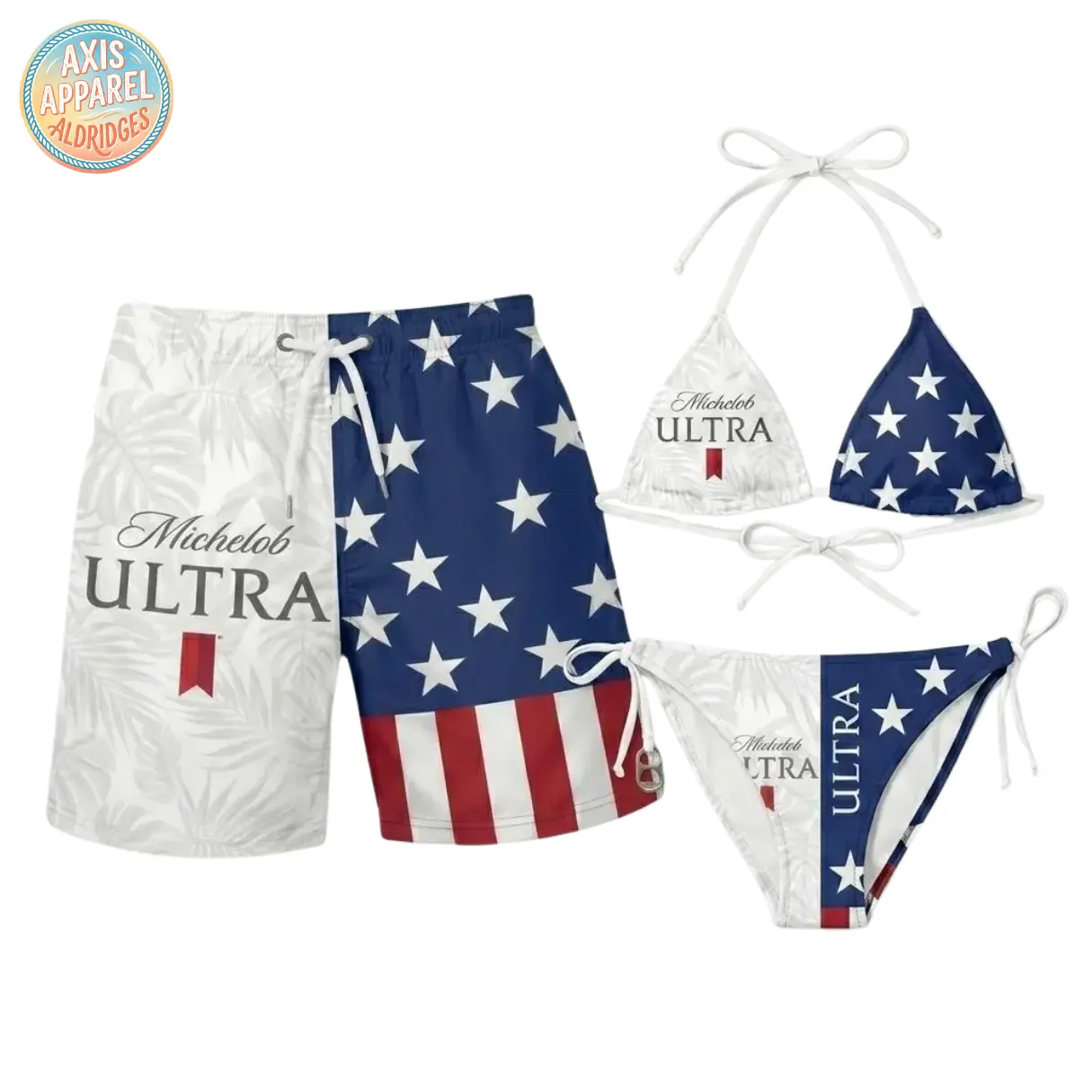 Ultra Beer American Flag Stars Stripes Bikini and Swim Trunks Matching Couple Set, Tropical Leaf Full Print String Halter Top Side Tie Bottom, Quick Dry Lightweight Beach Shorts, 4th of July Summer Pool Party Outfit, Gift for Men Women