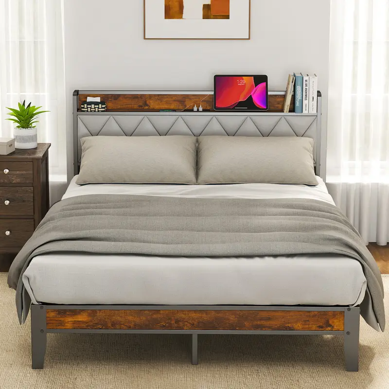 King Size Leather Wooden Bedroom Bed Frame - Modern Platform with Foam-Padded Rail, Headboard, 125V+USB Power, 5.5" Shelf Reach, Under-Bed Space, Stable Iron Legs, Squeak-Free Durable Structure, No-Tool Easy Assembly, No Box Spring Required
