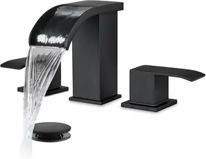 Waterfall Bathroom Sink Faucet 3 Hole,8 inch Widespread Bathroom Faucet Set Deck Mount 2 Handle Vanity Lavatory Faucet with Pop Up Drain and Water Supply Lines Square Body Matte Black