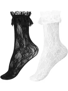 Cute Lace Trim Knee-High Socks for Women, Lady, Sexy Fitted Design, Elastic Hollow Out Style, Fashion Essential for All Seasons, Womenswear, Lace Crew Socks