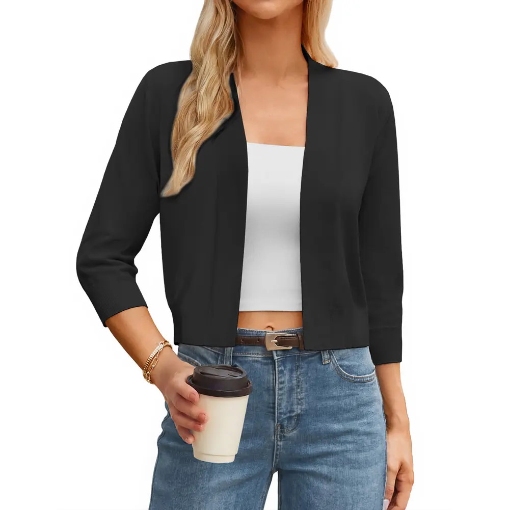 【Grace Karin】women's 3/4 Sleeve Opening Front Cropped Length Knitting Coat Tops Casual Black