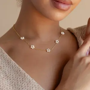 Flower Pearl Station Necklace by Caitlyn Minimalist - Dainty Beaded Pearl Flower Necklace - Gold Plated Layering Necklace - Sister Gift.