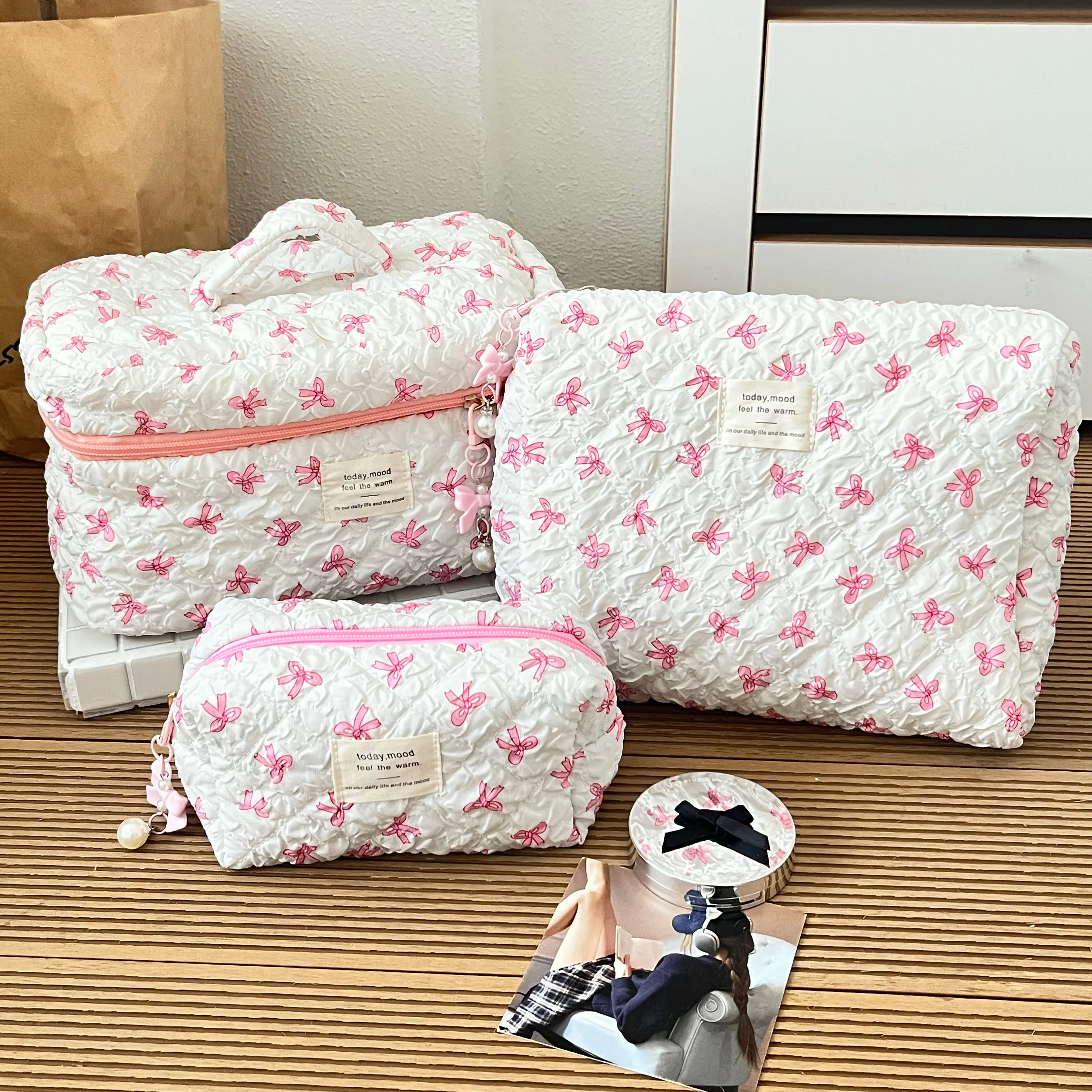 Wrinkled Bow Three-Piece Set - [Pink]