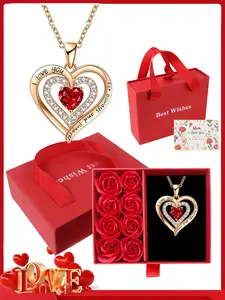 Elegant Heart Birthstone Necklace Mother's Day Gift, Rose Box Jewelry Present, Perfect for Mom, Wife, Girlfriend, Women's Necklace, Heart Shaped Pendant