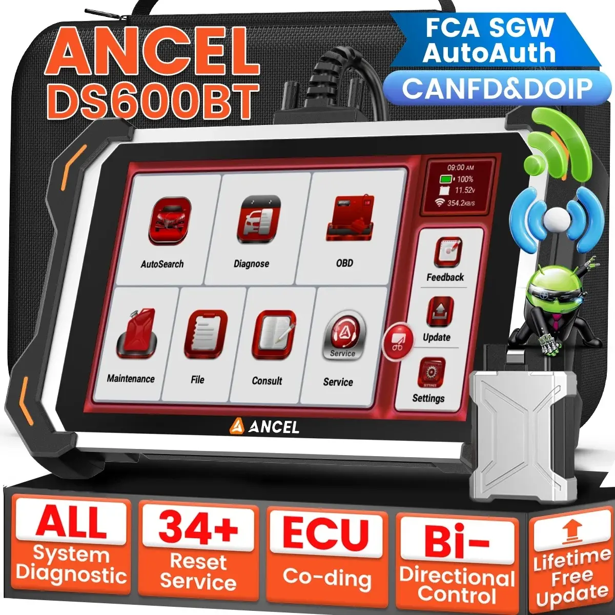 ANCEL DS600 BT OBD2 Scanner Diagnostic Tool, Automotive Full System Scan Tool with 34+ Resets, Bidirectional Control, ECU Online Coding, FCA SGW AutoAuth, VAG Guide, CAN FD/DOIP, Automotive Scan Tool