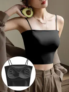 Women's Solid Color Crop Tank Top with Removable Chest Pad, Casual Comfortable Breathable Strappy Crop Top for Daily Wear, Ladies Underwear for All Seasons