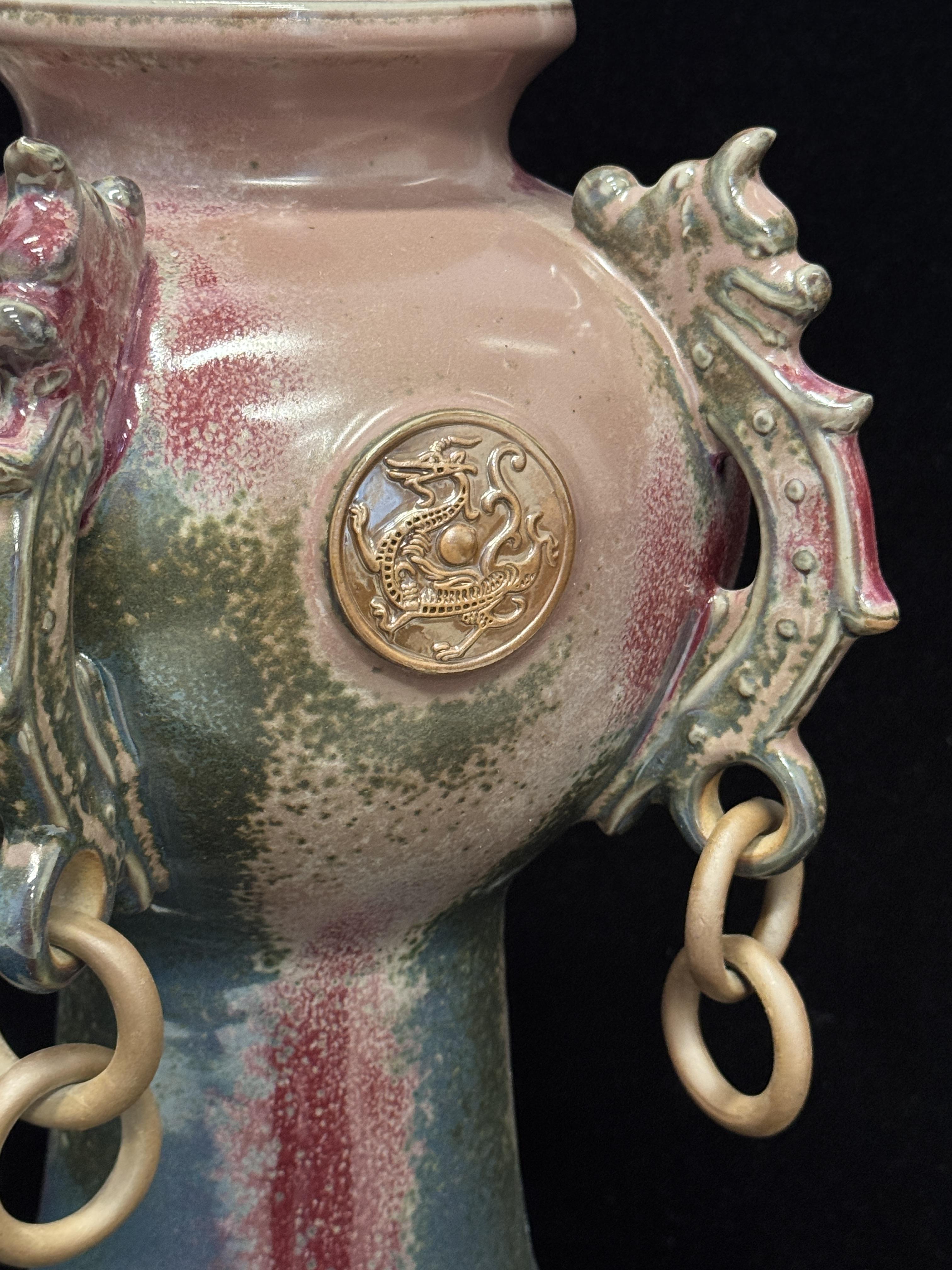 Handmade Chinese Jun Porcelain Vase with Dragon & Phoenix Relief, Vintage Kiln-Fired Glaze Ceramic Vase, Lucky Asian Art Home Decor