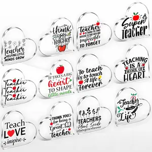 Teacher Appreciation Gift, 12pcs/set Acrylic Heart Shaped Desktop Ornament, Teacher Love Plaque, Desktop Decoration Sign for Office School