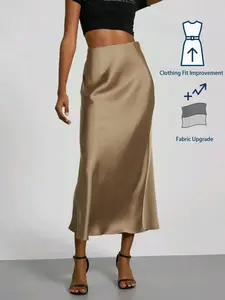 Women's Elegant Slim-Fit Midi Skirt, Spring & Fall Fashion, Silky Smooth Satin Fabric, Versatile High-Waist Design, Perfect for Casual Wear