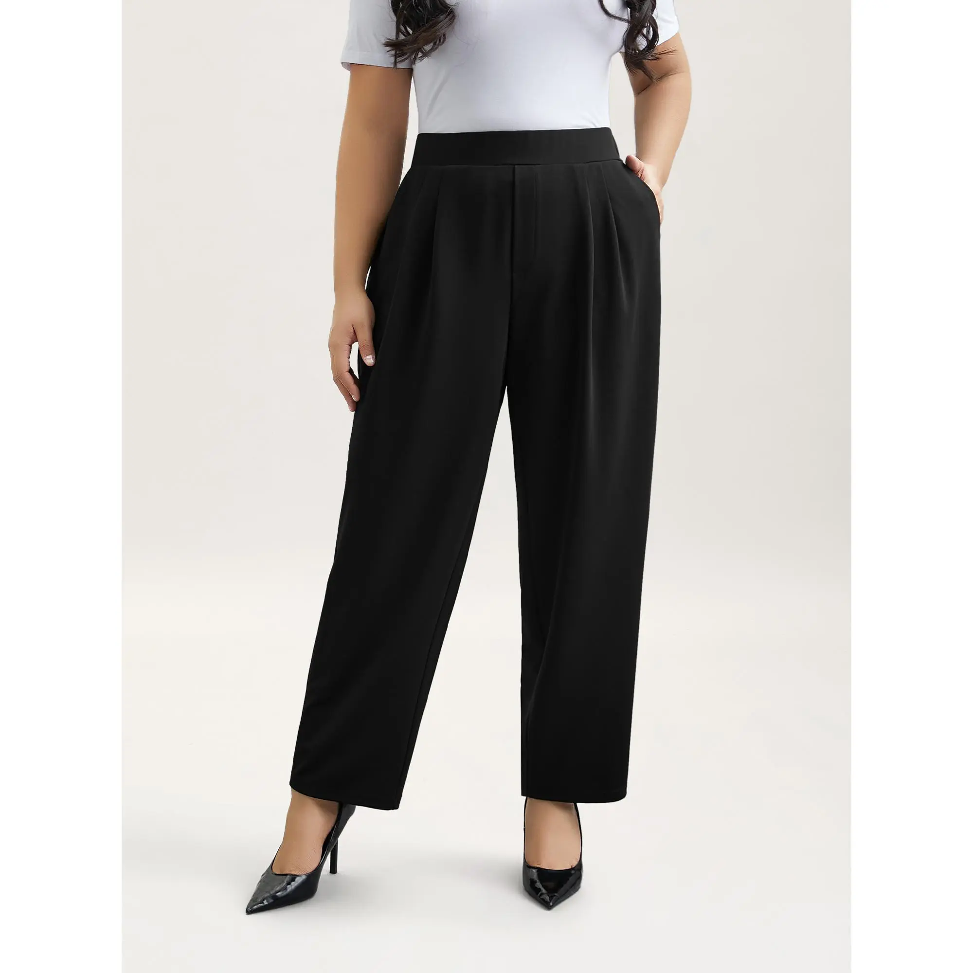 BloomChic Plus Size Women's Pull-on Office Trousers, Straight Leg Style with Contrast Side Stripe and Pockets, Lightweight Smooth Spandex Fabric, Bottoms, Business Casual Pants, Office Pants, Polyester Blend, Contrast Stripe, Machine Wash
