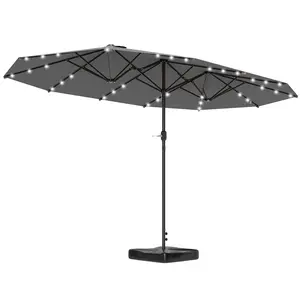 Garden Parasol 14.4 ft Double-Sided Sun Umbrella with Base – Patio Parasol with 36 LED Solar Lights, Double Canopy with Top Vents, 12 Steel Ribs, Crank Opening, for Patio, Garden, Deck, Gray