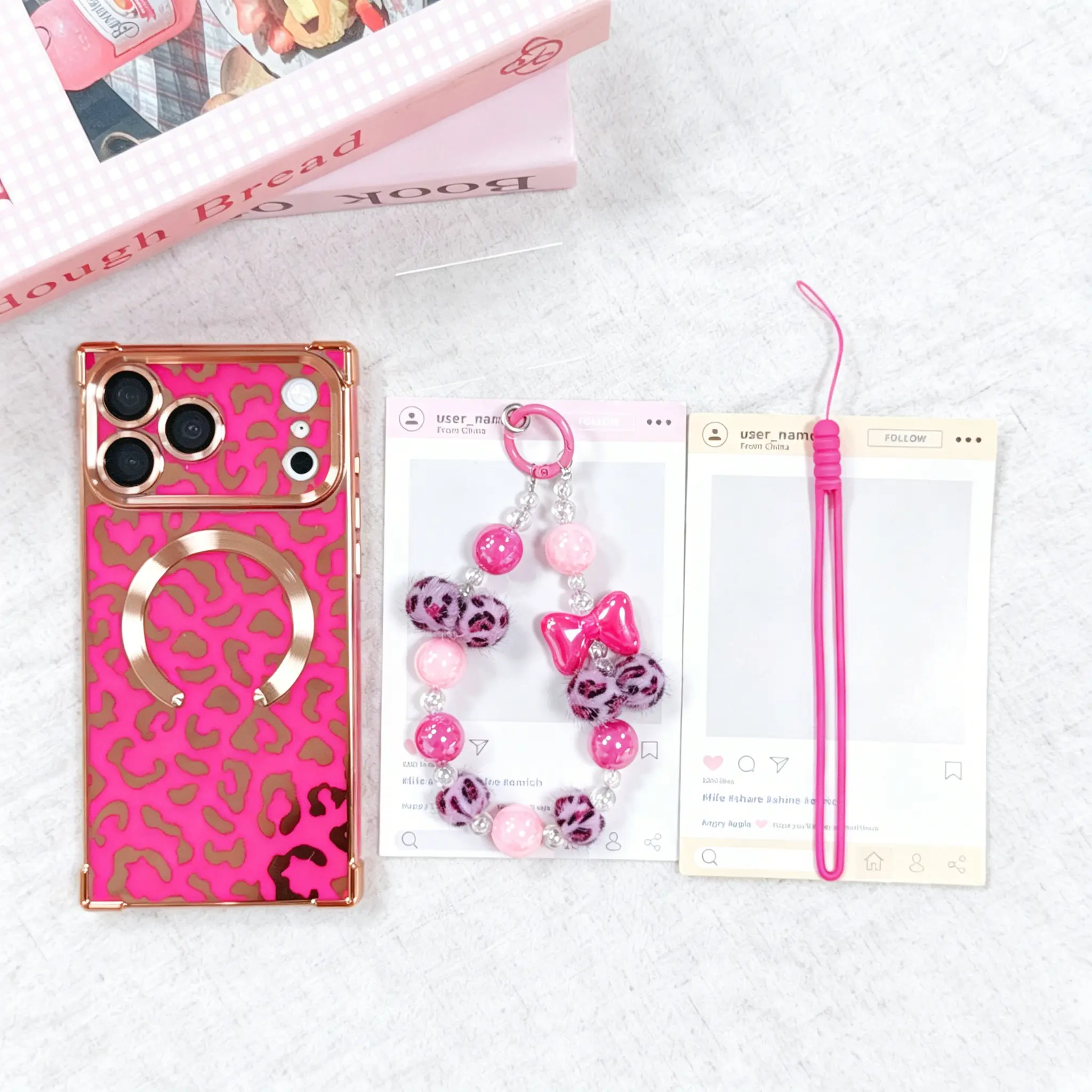 High-end leopard print glossy square smartphone case with matching beaded bracelet and pink wristband, three-piece set, compatible with MagSafe, full-body protection for iPhone 17, 16, 15, 14, 13 Pro Max cases, durable, mobile phone accessories ... father