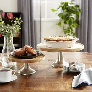 Set of 3 Mango Wood Decorative Cake Stand with Silver Aluminum Cone Base