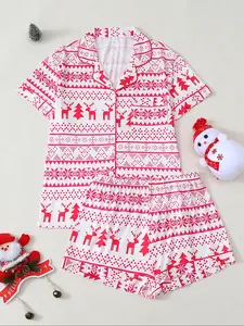 Women's Christmas Pajama Set, Snowflake & Reindeer Print Lapel Short Sleeve Shorts, Holiday Sleepwear, Comfortable Home Wear