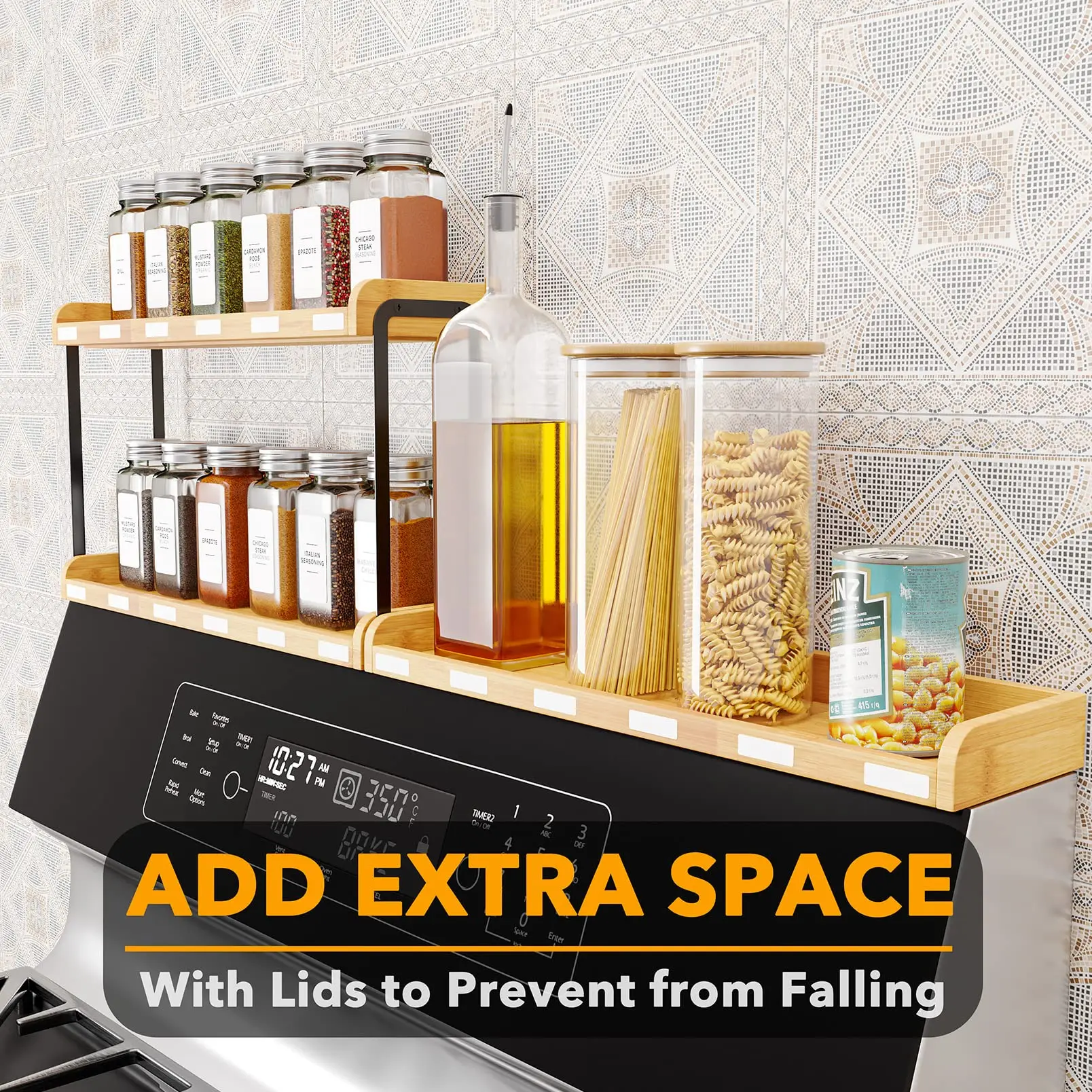 Bamboo stove storage rack with magnetic sheet, kitchen storage rack oven, spice rack magnetic, kitchen essentials