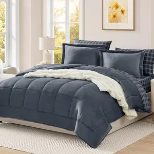 Plush Queen Comforter Set Blue Grey, Flannel Velvet Comforter Sets 7 Pieces Bed in a Bag, Soft Warm Winter Bedding Set with Sheets, Pillowcases & Shams