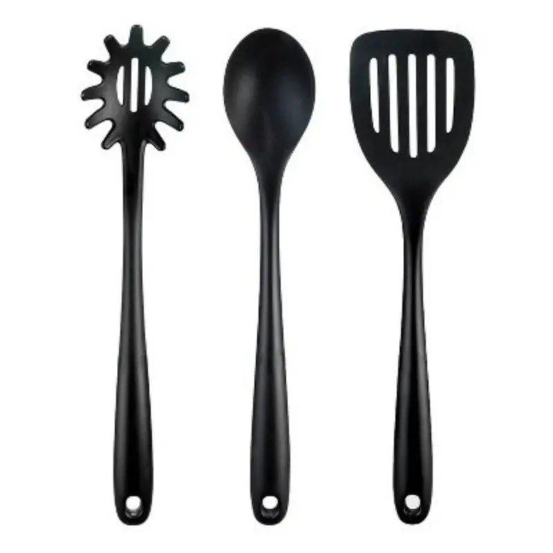 3pc Nylon Utensil Set Black: Kitchen Utensils with Soft-Grip Handle, Includes Pasta Spoon & Slotted Turner