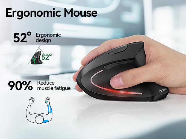 TECKNET Ergonomic Mouse, Wireless Bluetooth Vertical Mouse, 4800 DPI Optical Tracking, 6 Adjustable DPI, Quiet Clicks, 2.4GHz with USB A Receiver, 12 Months Battery, 6 Buttons, Wide Compatibility