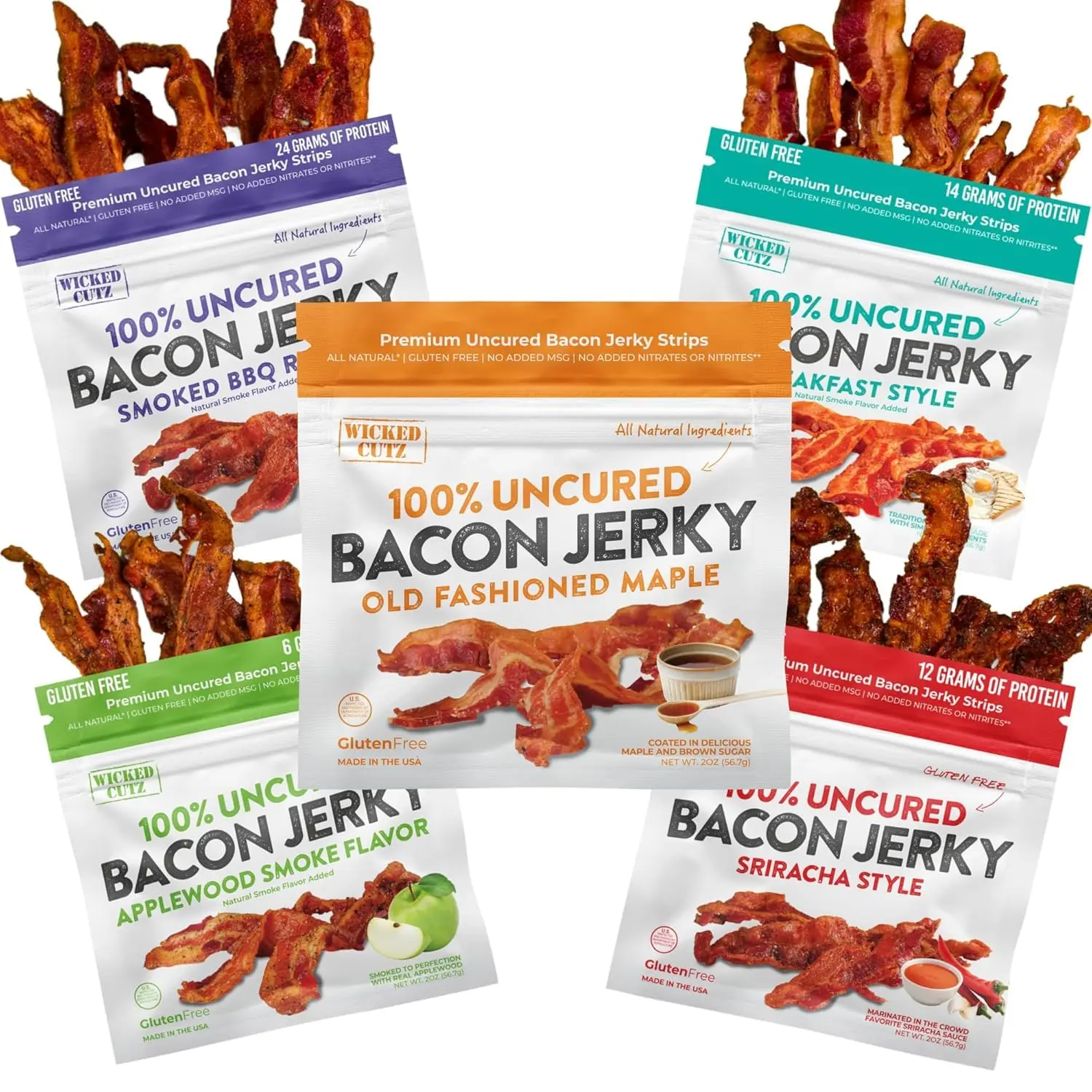 Bacon Jerky Variety Pack, 5 Flavor Assortment  Fully Cooked Tender Meat Snacks  Up to 24g Protein Per Bag  Bold Flavor Jerky Gift Set