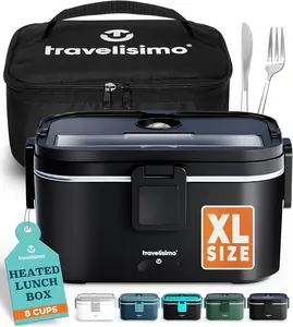 Extra-Large Electric Lunch Box for Adults Holds up to 8 Cups - 100W Heated Lunch Box for Men 1.8L, Portable Food Warmer for Travel & Work, Loncheras Electricas Para Calentar Almuerzo TRAVELISIMO