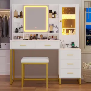 LED Makeup Vanity Set with Upholstered Stool White