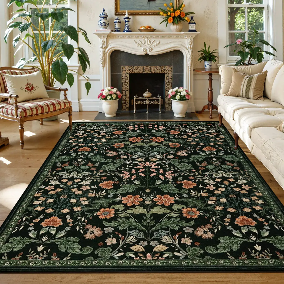Vintage Floral Living Room Carpet, Bohemian Style Home Decor, Non-Slip Rug, Soft Comfort Bedside Mat, Bohemian Area Rug, Boho Style Rug, Bohemian Style Rugs, Decorative Rug, Floral Pattern Rug
