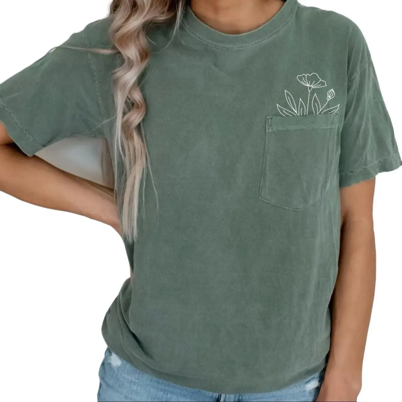Wildflowers Front Pocket T-Shirt - Comfort Colors Floral Shirt, Plant Lover Design, Green, Women's Top - Womenswear, Tops