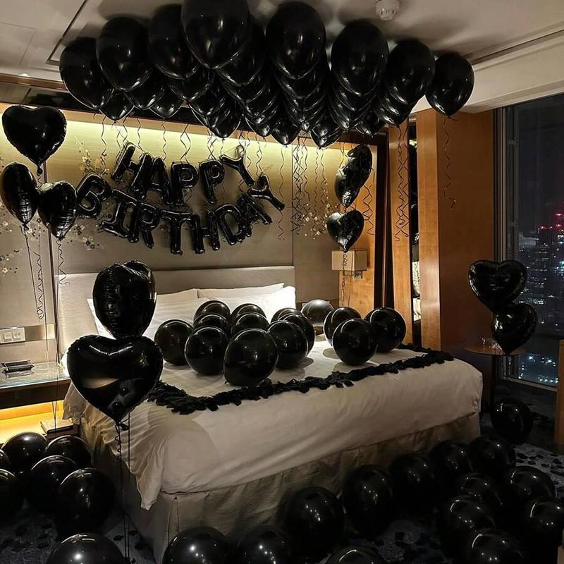 65pcs Black Theme Party Decoration Set with Latex Heart Banner Plastic Balloons Aluminum Foil Ball for Home Decor Photo Props Outdoor Gifts Happy Birthday Decor for Men Women