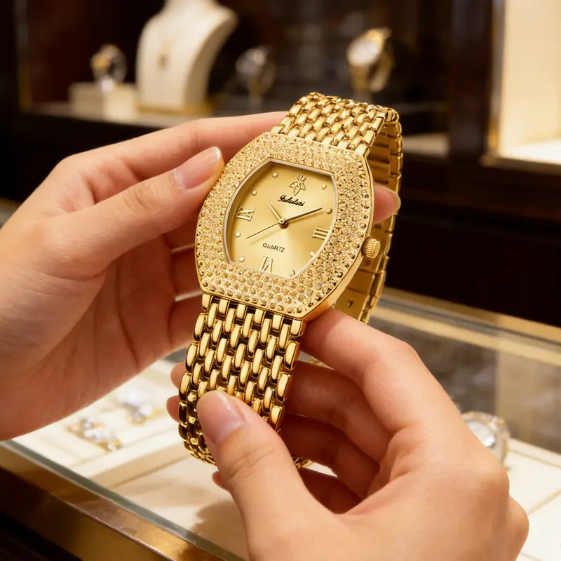 Ladies' Watch with Barrel Shaped Dial cubic zirconia Inlay golden Tone 30 Meter Waterproof Quartz festival gift 1023