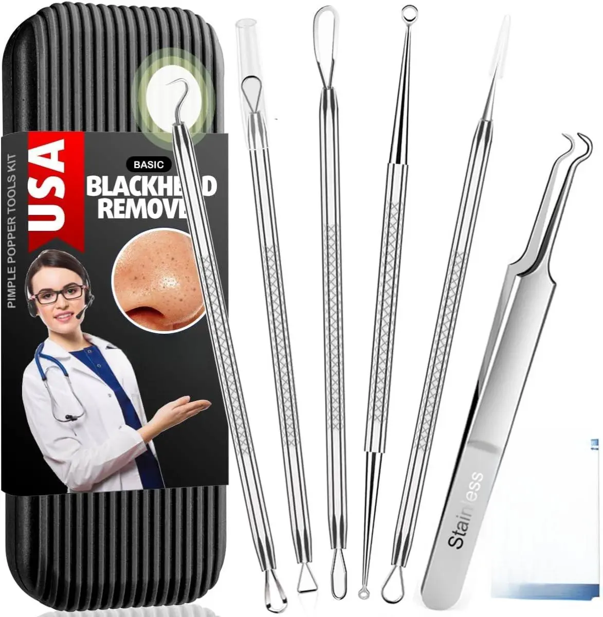 [New Deal] 6-Pack Stainless Steel Blackhead Remover Tools Kit, Manual Pimple Popper Extractor for Nose Zits & Acne, Multi-Pack Facial Care Tool with Case for Clearer Skin