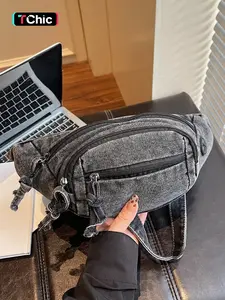 Casual Fashion Multi-Pocket Smooth Zipper Design Denim Chest Bag, Single Shoulder Crossbody, Suitable for Daily Outdoors