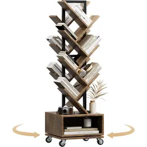 49" Rotating Tree Bookshelf, 7 Tier Double Sided Shelf, Wood Corner Bookshelf with Wheels, 360 Display Spinning Bookcase Storage Rack, Ideal for Small Rooms, Easy Assembly, Rustic Brown