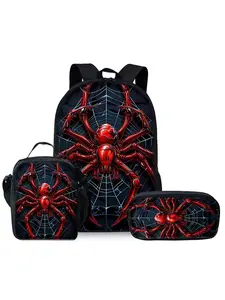 Red spider pattern printed 17-inch backpack three-piece set (single-layer backpack + shoulder strap lunch bag + single-layer pencil bag) , School Backpack,Casual backpack