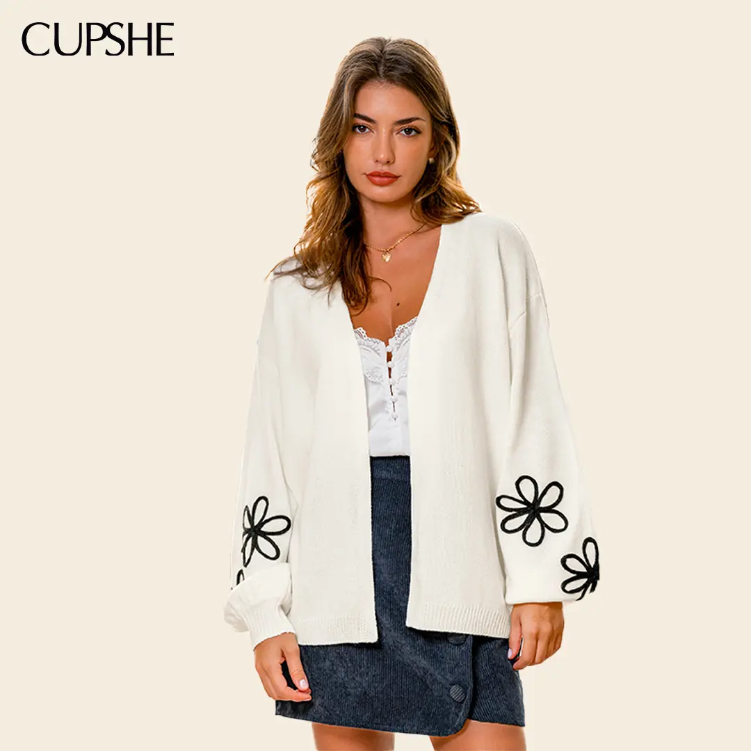 CUPSHE Women's Open-Front Floral Print Knitting Cardigan Lightweight, Soft Stretchy, Breathable Fabric, Relaxed Fit, Relaxed Wear, Long-Sleeve Summer Layering Top for Beach Vacation #summerfinds