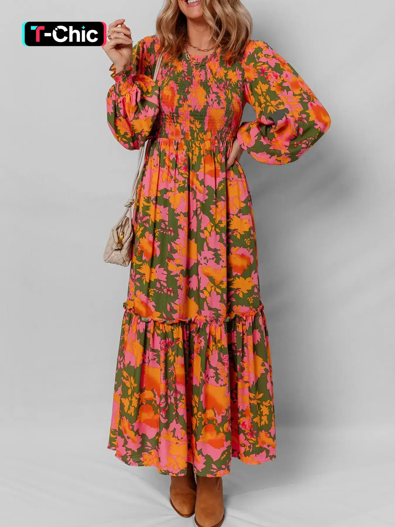 Spring & Fall Women's Floral Print Bubble Sleeve High Waist Ruffle Loose Casual Bohemian Dress, Stylish and Comfortable Fashion, Boho