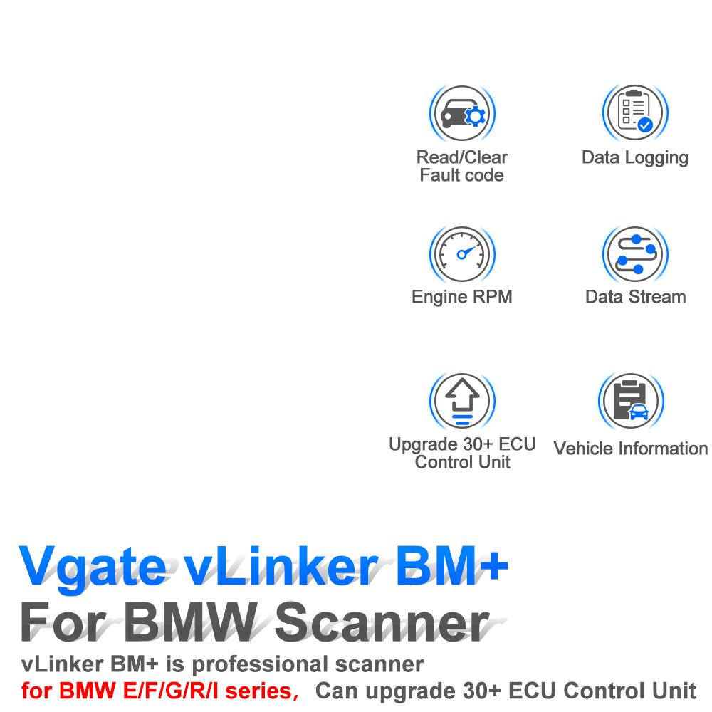 Vgate vLinker BM+ BMW Scanner, Upgrade 30+ ECU Control Unit BimmerCode OBD2 Scanner for iOS Android Mini E/F/G/R Series