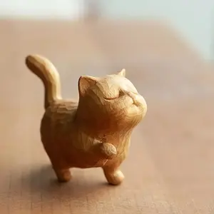 Cute Proud Cat Figurine in New Chinese Style, Carved From Birch Wood, Perfect Gift for Valentine's Day, Home Decor and Desk Ornament