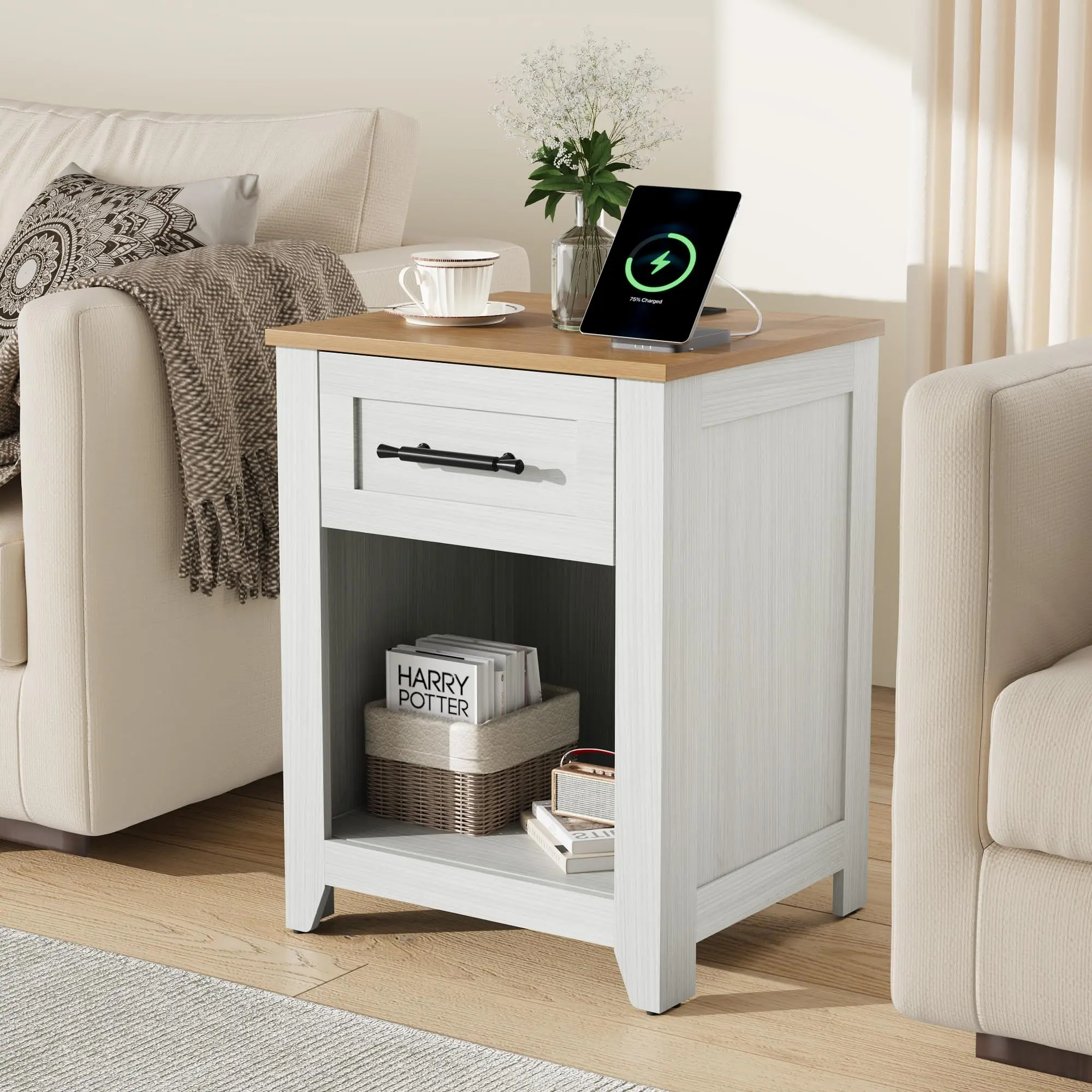 2 PCS Nightstand with Charging Station - Modern Bedside Table with Single Drawer & Storage Shelf for Bedroom, Living Room, Small Spaces - Easy Assemble