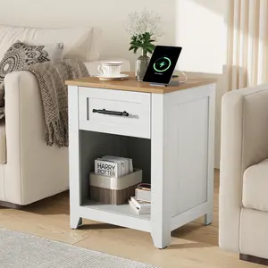 Farmhouse Nightstand with Charging Station, Wooden Bedside Table with Storage Shelf, Compact End Table for Small Spaces, Bedroom & Living Room, Easy Assembly