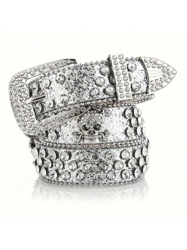 Sparkling Rhinestone Skull Belt, Hip Hop Punk Black Wide Belt, Unisex Rhinestone Rivet Belt, Punk Style Belt