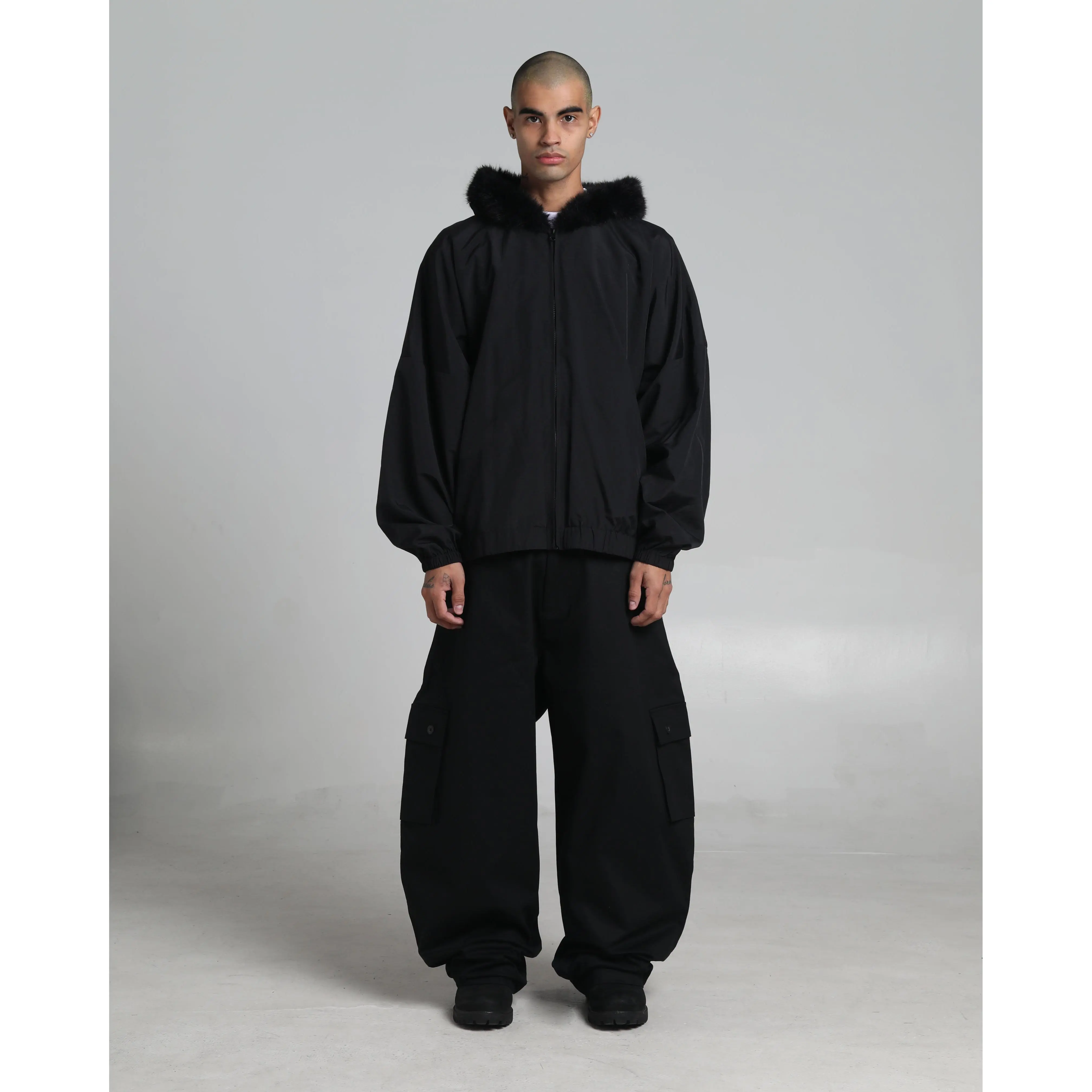 Fur Hooded Nylon Track Jacket Fur Hooded Nylon Track Jacket
